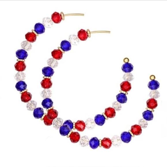 Patriotic Glass Bead Hoop Earrings 4th of July - Picture 1 of 1